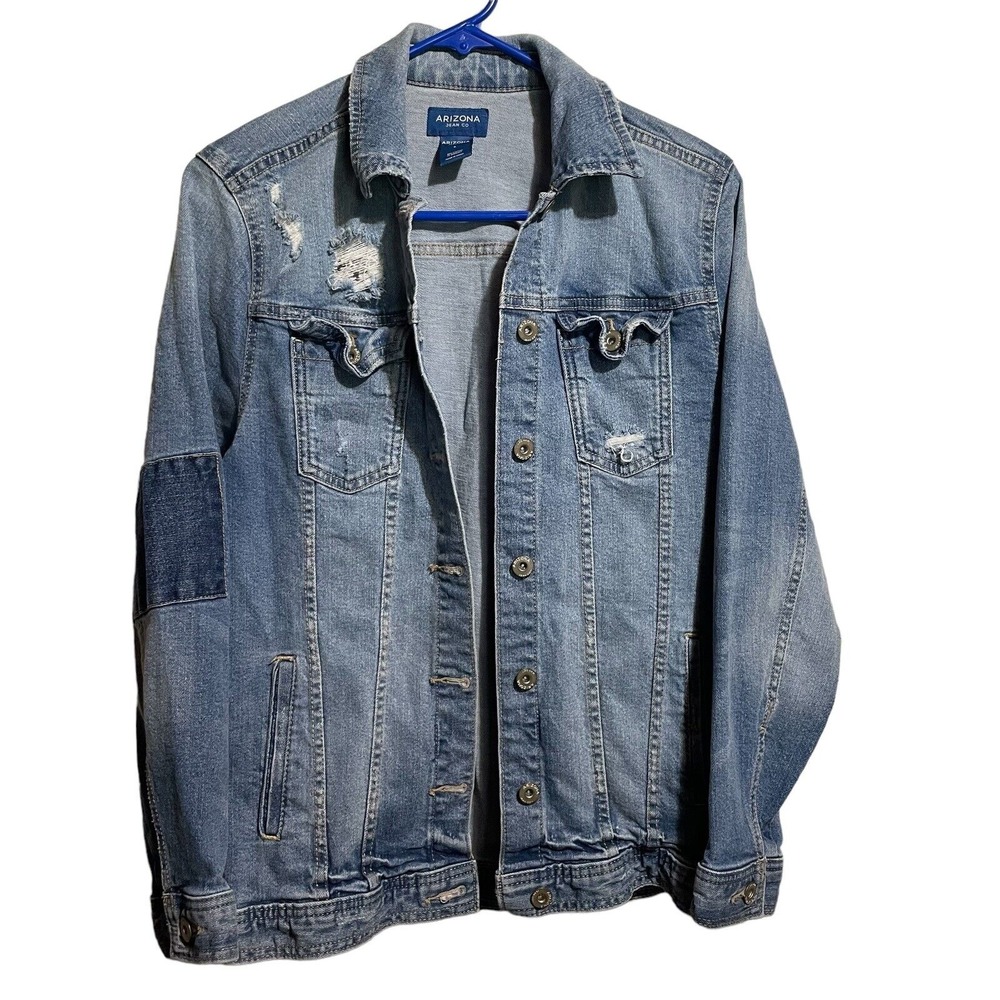 Arizona Jeans Blue Denim Jacket Size Small Distressed Elbow Patch Trucker Retro‎